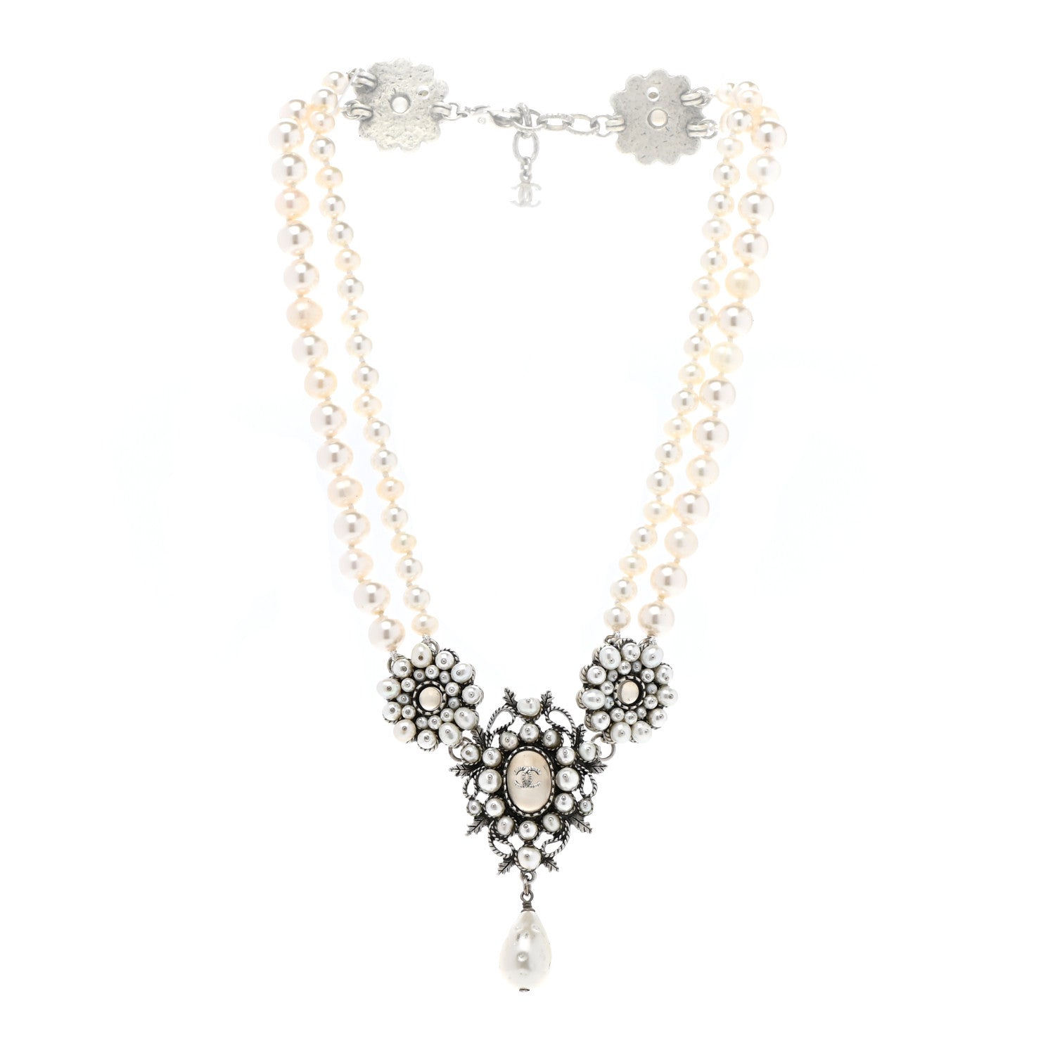 Chanel Crystal Pearl CC Leaf Necklace Silver 3 of 6