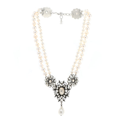 Chanel Crystal Pearl CC Leaf Necklace Silver 3 of 6