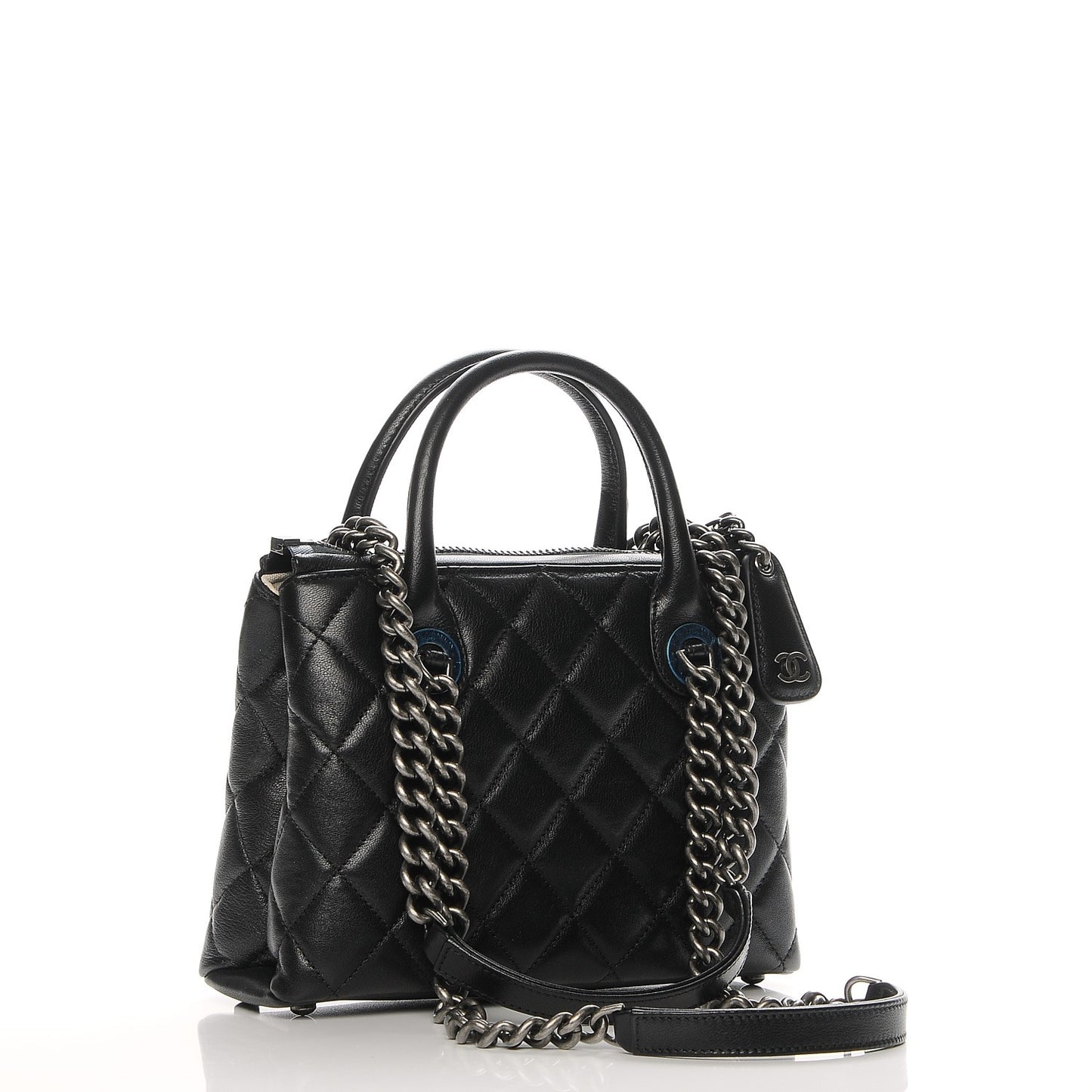 Shiny Sheepskin Quilted Small Shopping Tote Black