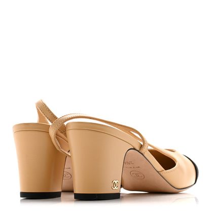 Chanel Goatskin Grosgrain Cap Toe CC Slingback Pumps 36.5 Beige Black 5 of 10