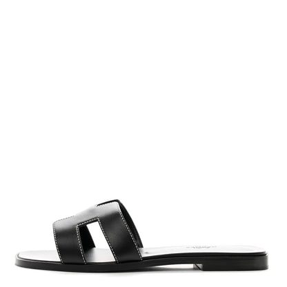 Hermes Box Calfskin Oran Sandals 37.5 Black 1 of 9