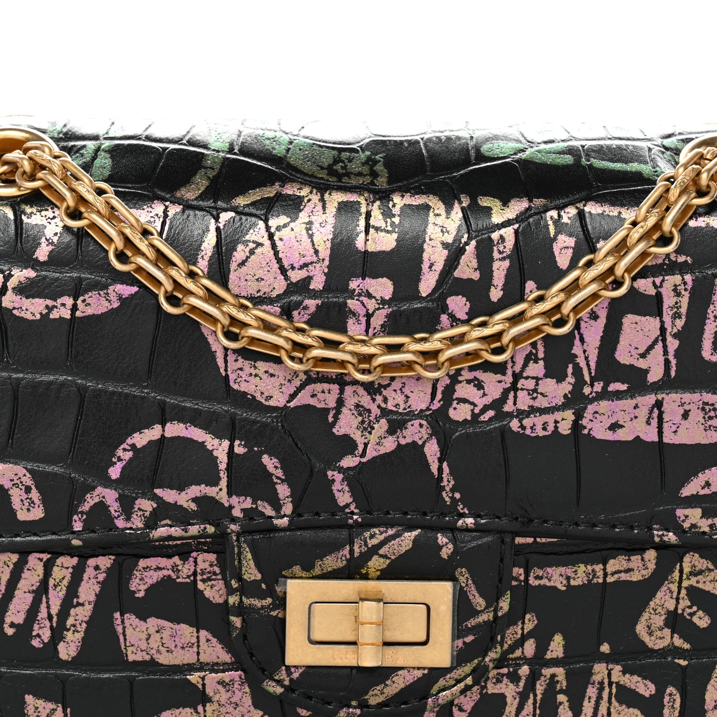 Calfskin Crocodile Embossed Graffiti 2.55 Mini Cocodile Reissue Flap Black Pink