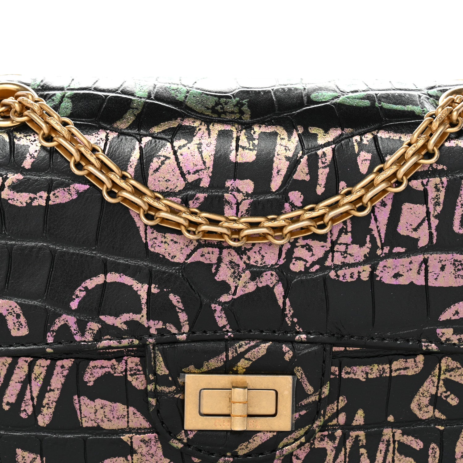 Chanel Calfskin Crocodile Embossed Graffiti 2.55 Mini Cocodile Reissue Flap Black Pink 8 of 11