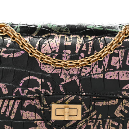 Chanel Calfskin Crocodile Embossed Graffiti 2.55 Mini Cocodile Reissue Flap Black Pink 8 of 11