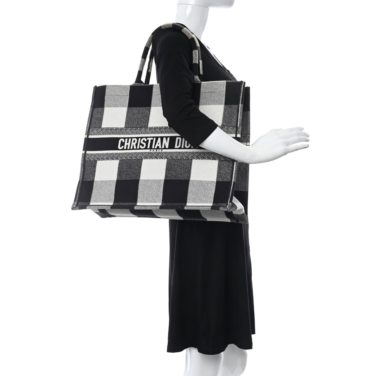 Canvas Embroidered Checkered Book Tote Black White