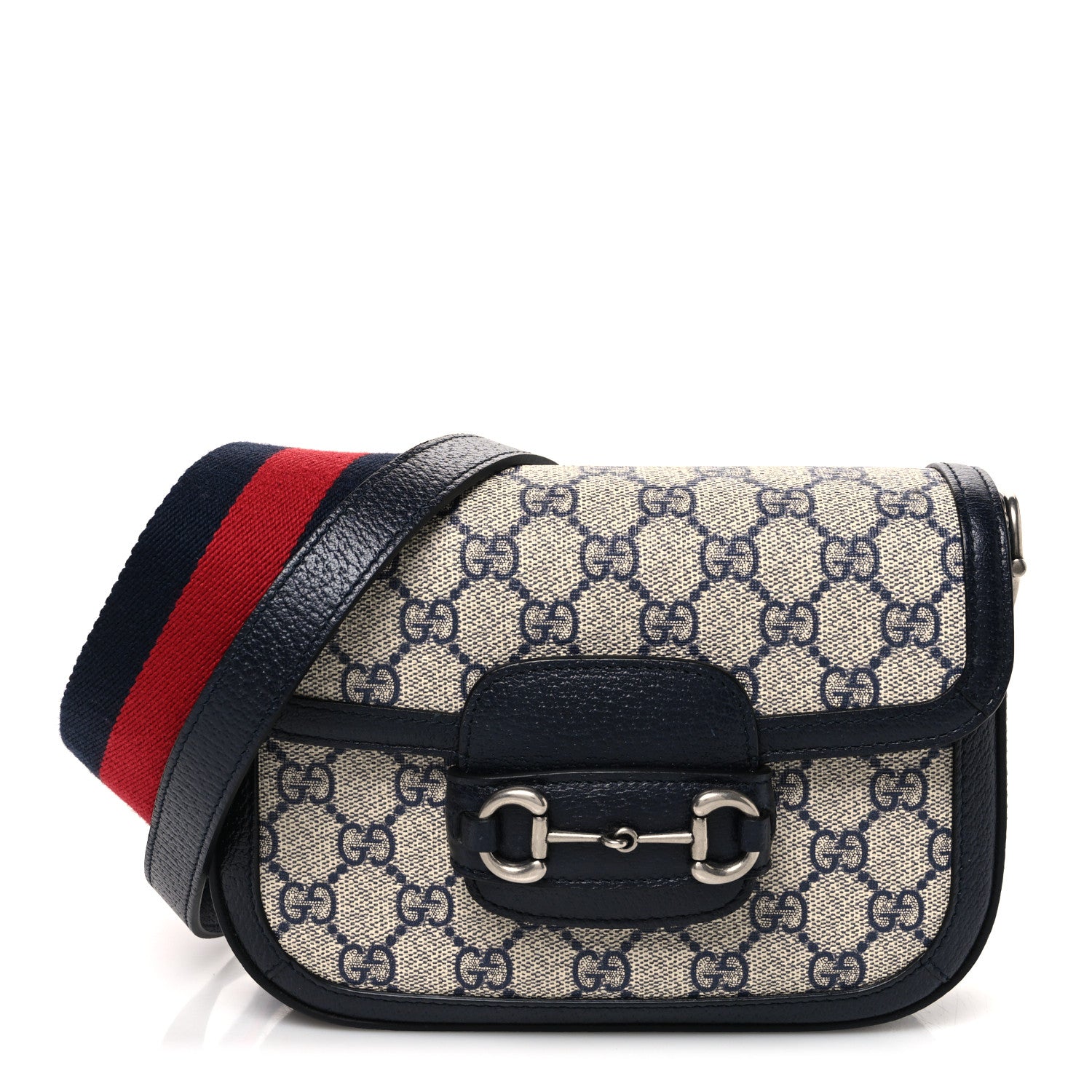 Gucci GG Supreme Monogram Textured Dollar Calfskin Web Mini Horsebit 1955 Shoulder Bag Beige Blue 1 of 10