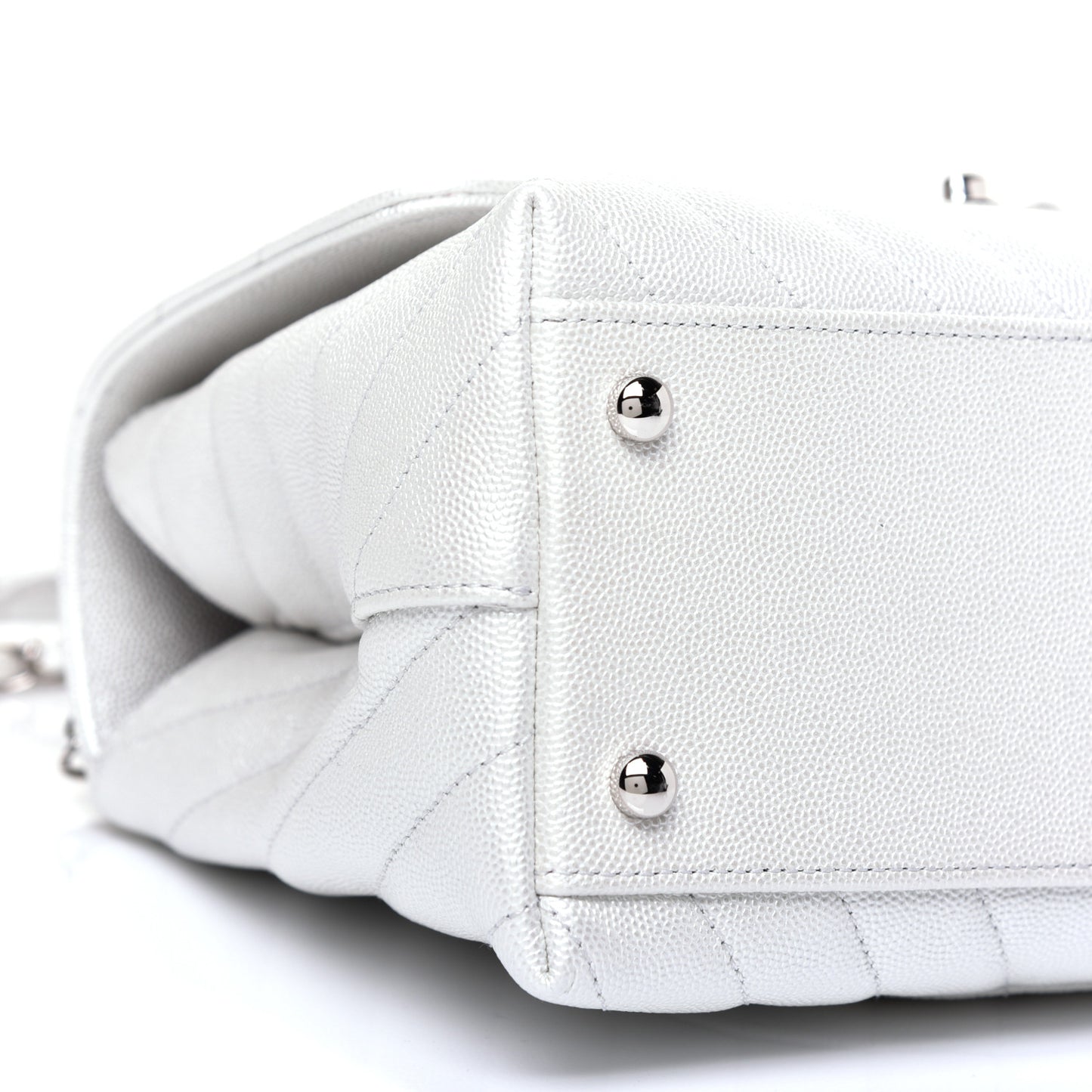 Iridescent Caviar Chevron Quilted Small Coco Handle Flap White