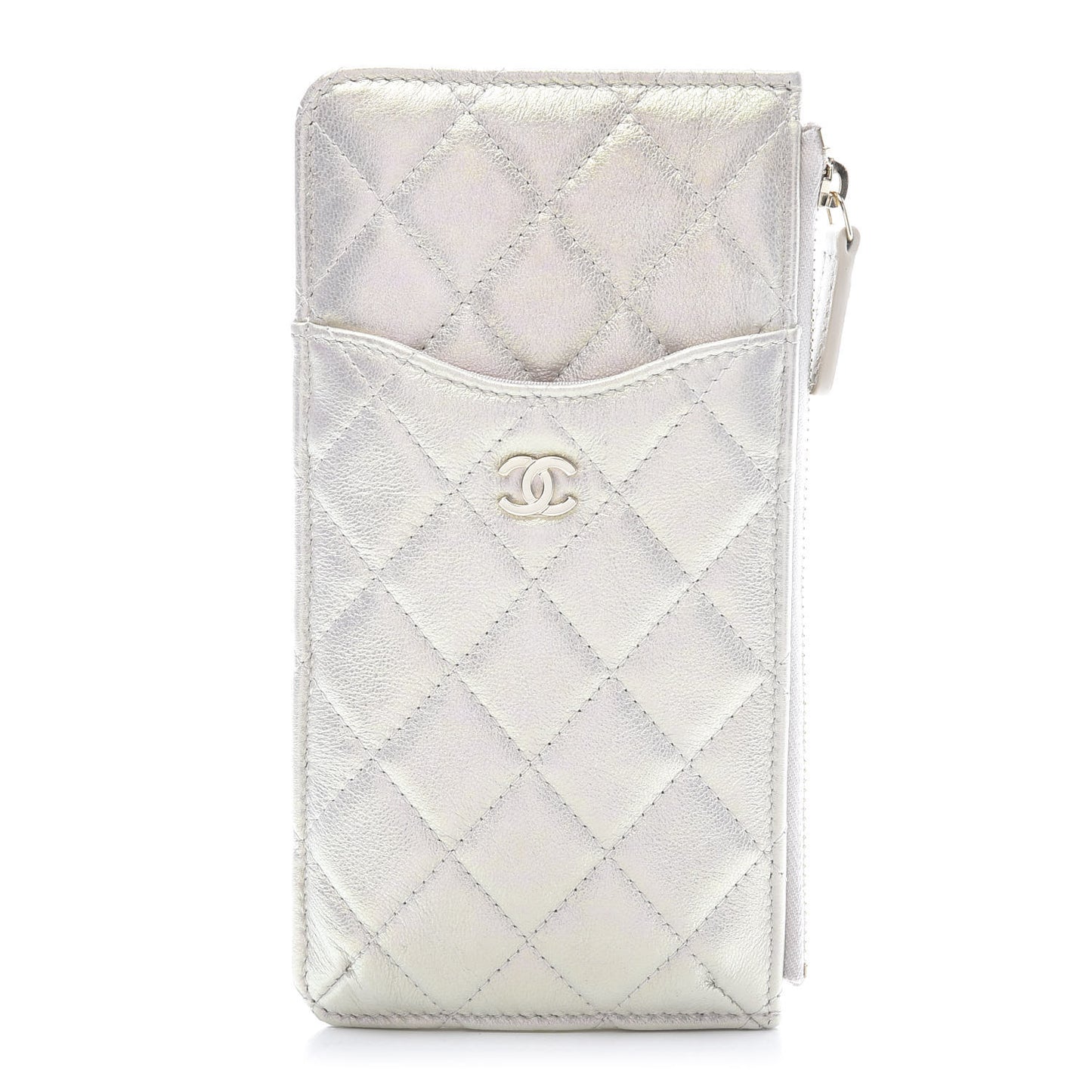 Iridescent Lambskin Quilted Classic Flat Wallet Pouch Ivory