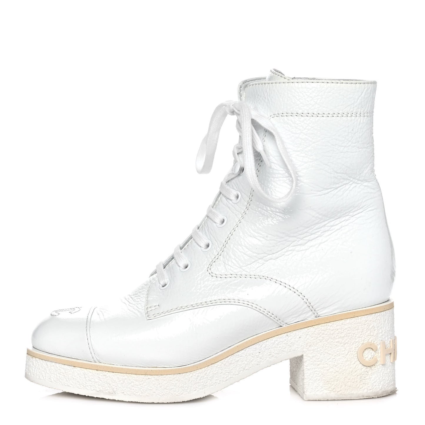 Shiny Crumpled Lambskin Lace Up Combat Boots 39 White