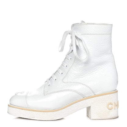 Chanel Shiny Crumpled Lambskin Lace Up Combat Boots 39 White 1 of 10