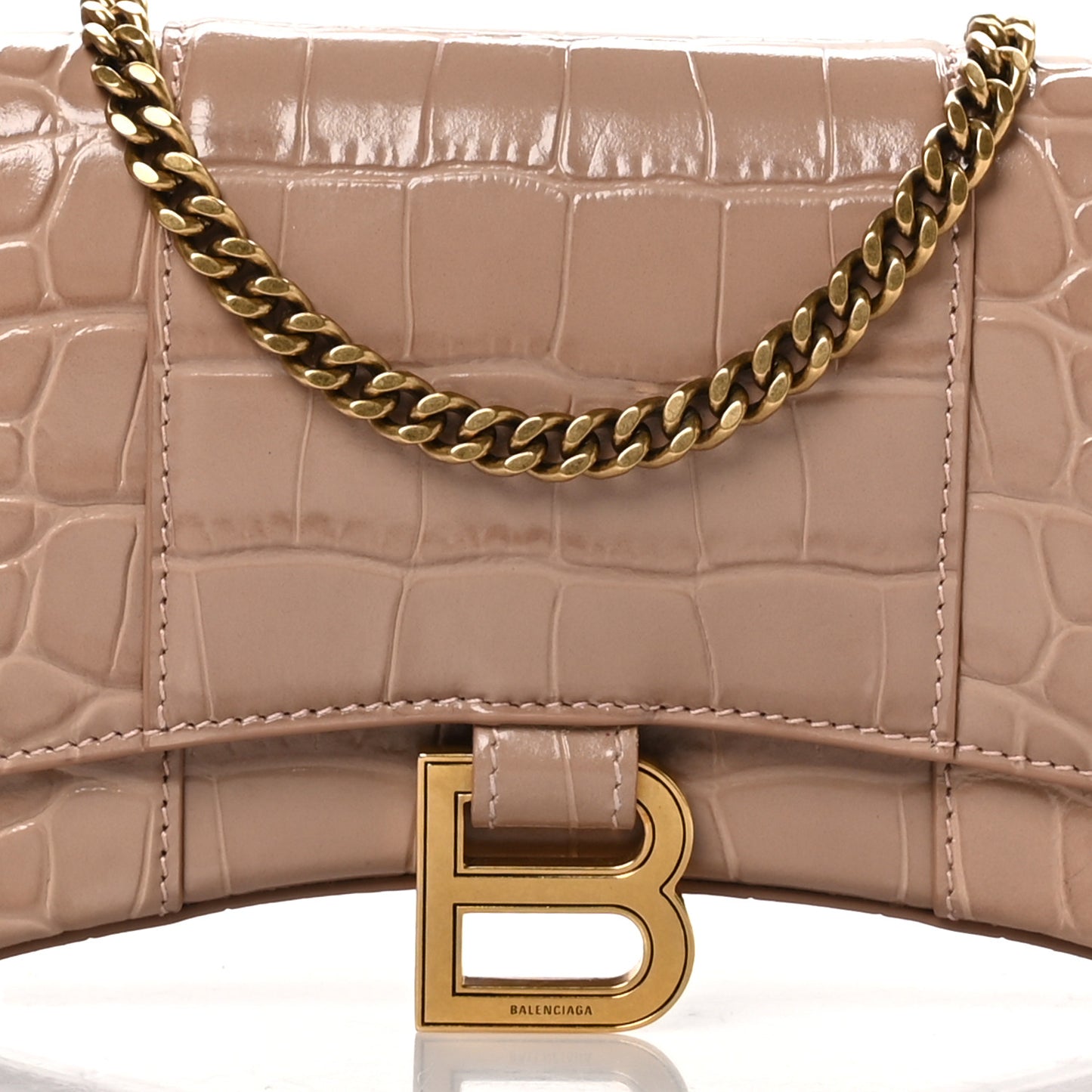 Shiny Calfskin Crocodile Embossed Hourglass Chain Bag Nude Beige