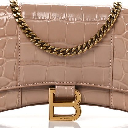 Balenciaga Shiny Calfskin Crocodile Embossed Hourglass Chain Bag Nude Beige 6 of 12