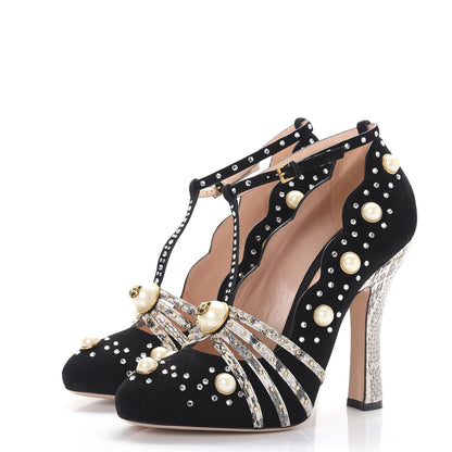 Gucci Suede Snakeskin Pearl Studded Ofelia Pumps 41 Nero Black 2 of 11
