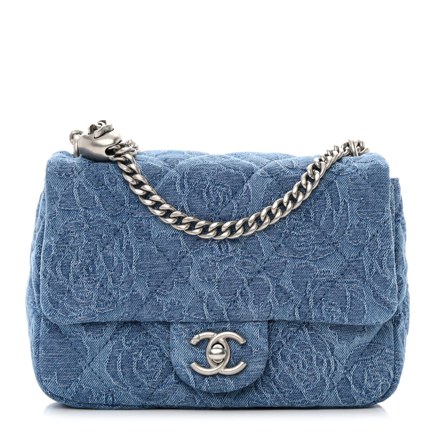 Denim Quilted Camellia Sweetheart Mini Flap Blue