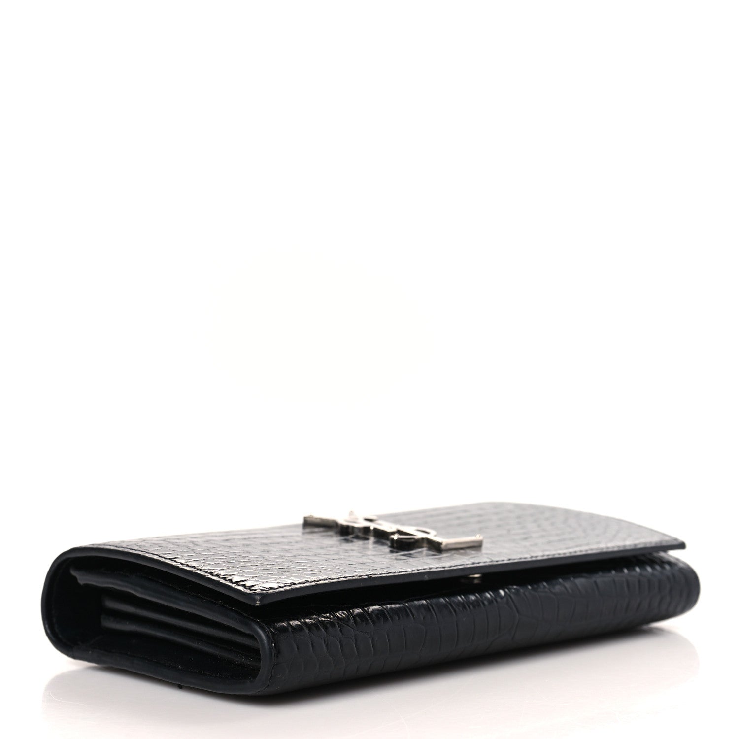 Saint Laurent Calfskin Crocodile Embossed Monogram Flap Wallet Black 4 of 8