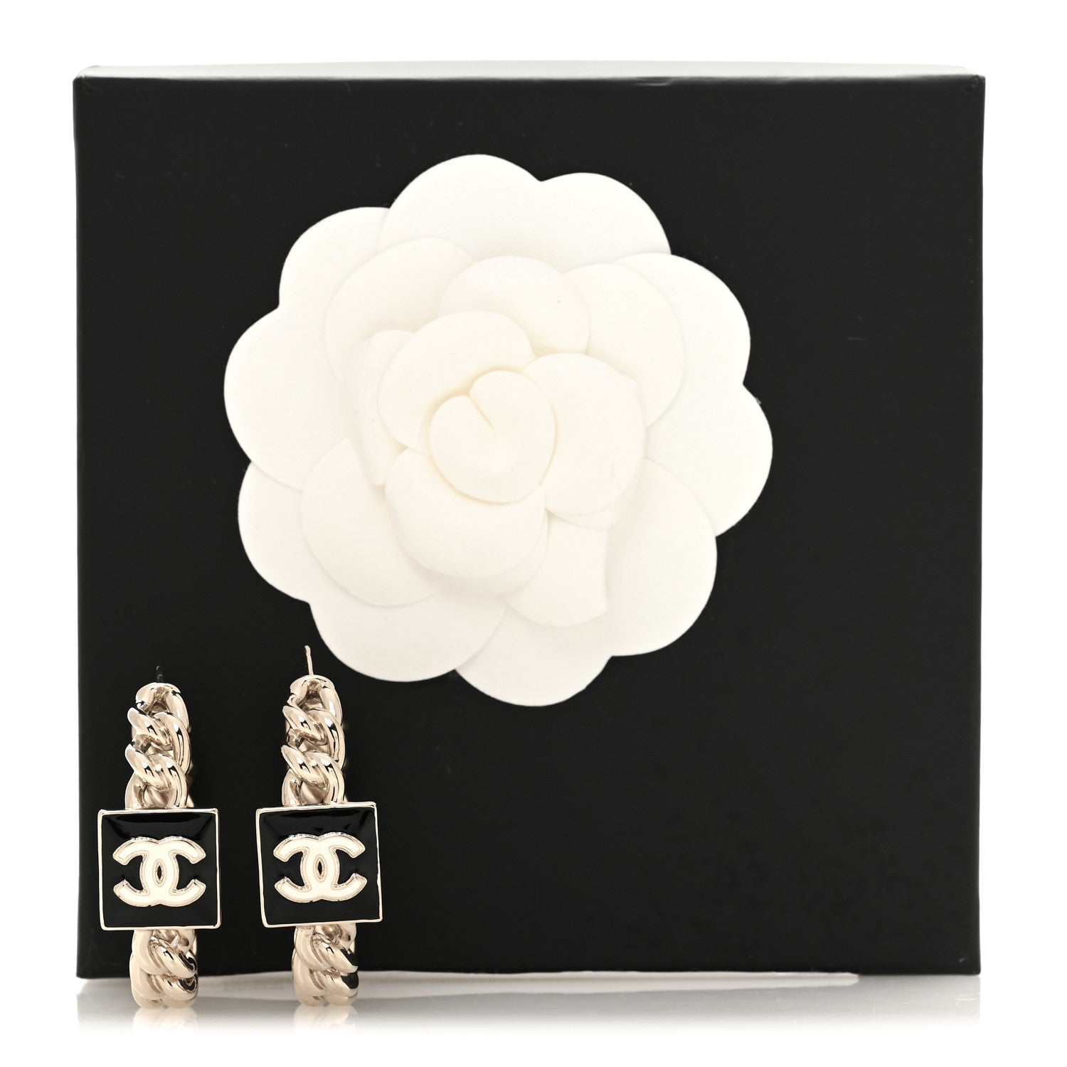 Chanel Metal Enamel CC Square Chain Hoop Earrings Gold Black 5 of 5