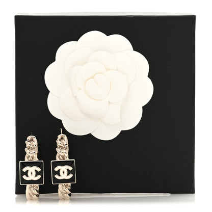 Chanel Metal Enamel CC Square Chain Hoop Earrings Gold Black 5 of 5