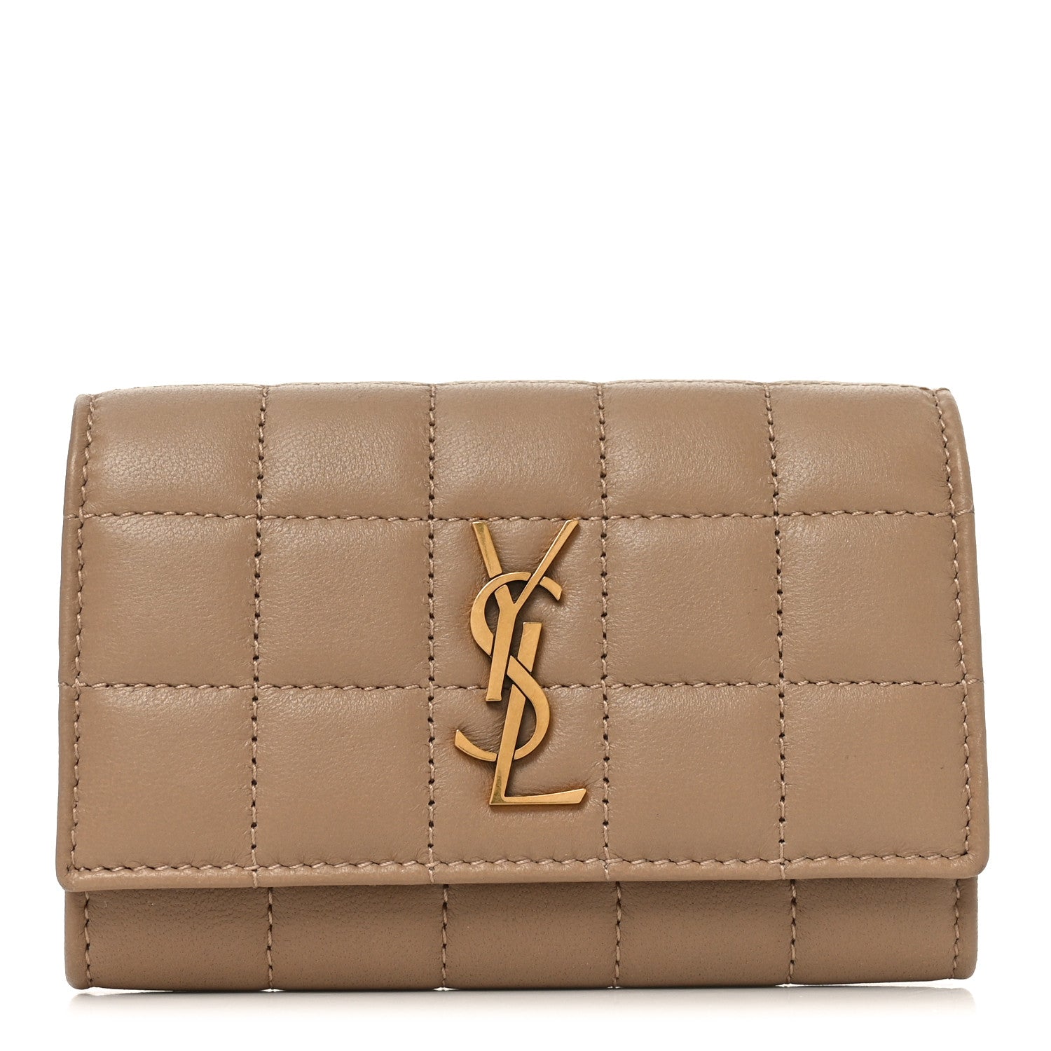 Saint Laurent Lambskin Carre Quilted Cassandre Compact Envelope Card Case Dark Toffee 1 of 8