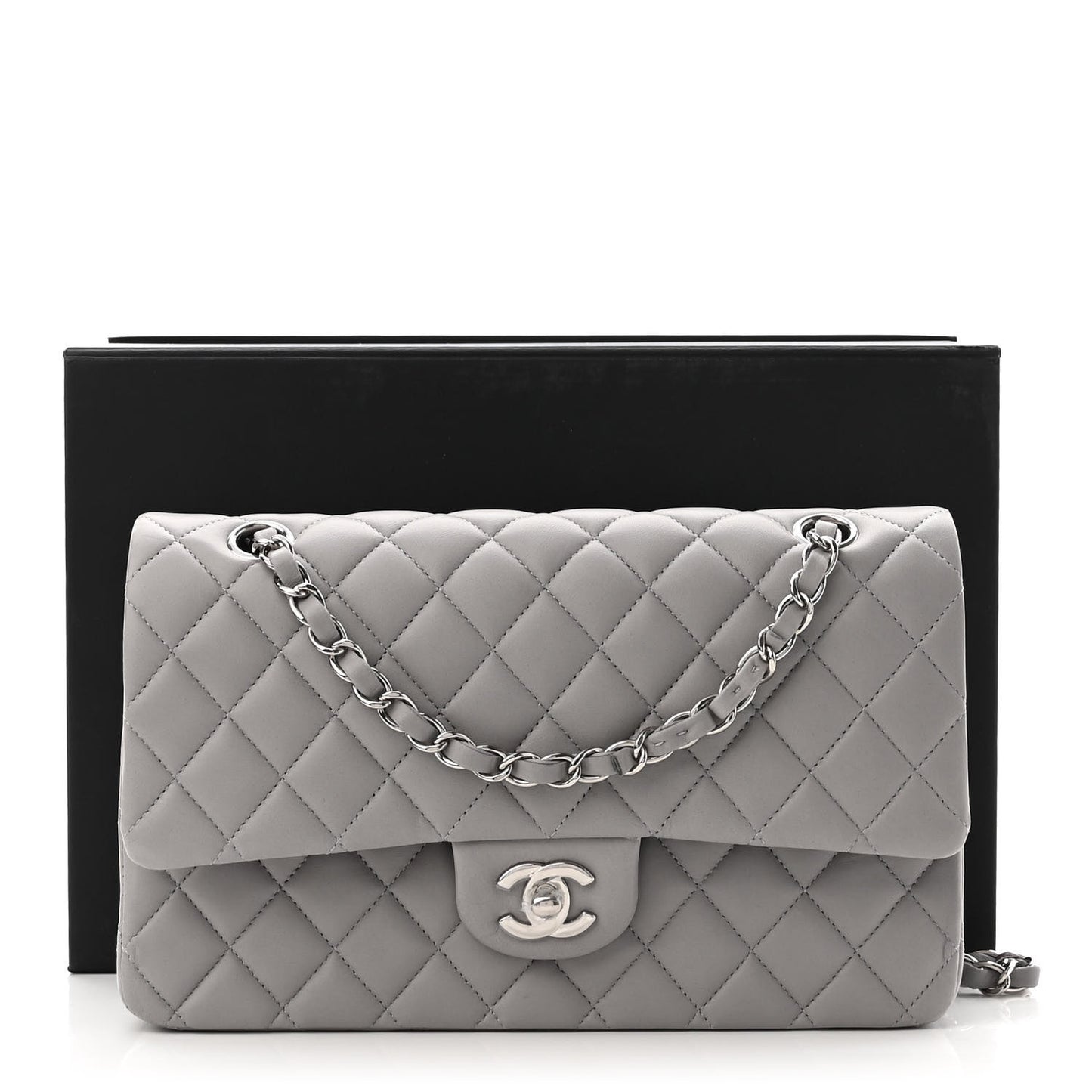 Lambskin Quilted Medium Double Flap Grey
