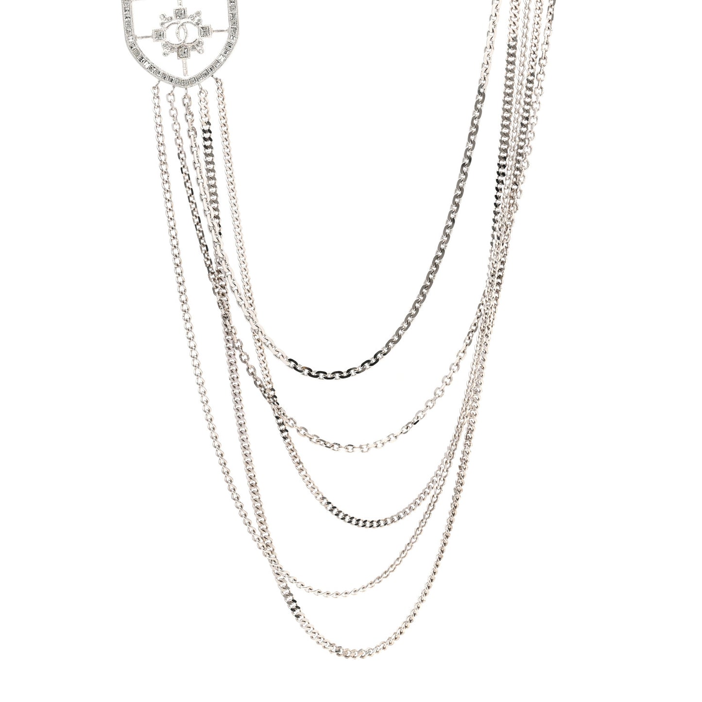 Baguette Crystal CC Shield Multi Strand Long Chain Necklace Silver