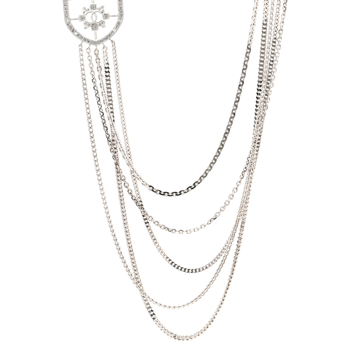 Chanel Baguette Crystal CC Shield Multi Strand Long Chain Necklace Silver 1 of 6