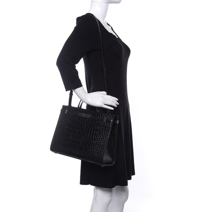 Saint Laurent Shiny Calfskin Crocodile Embossed Small Manhattan Shopper Tote Black 2 of 9