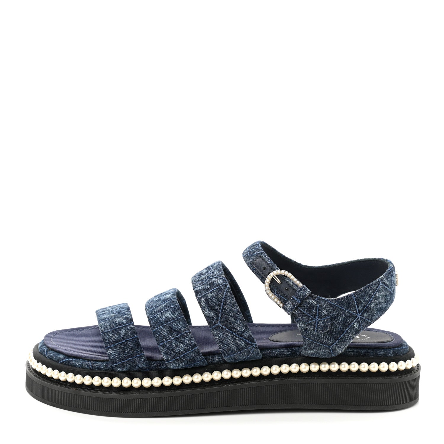 Chanel Denim Pearl Flat Sandals 36 Blue 1 of 8