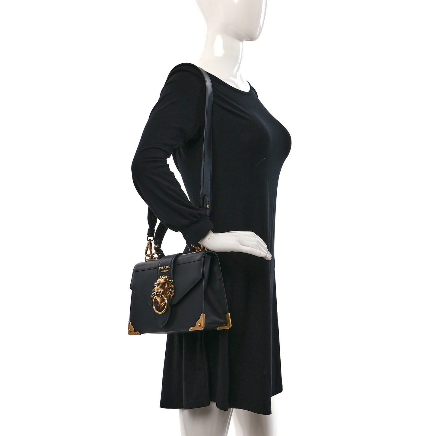 Antic Soft Saffiano Lions Head Cahier Shoulder Bag Black