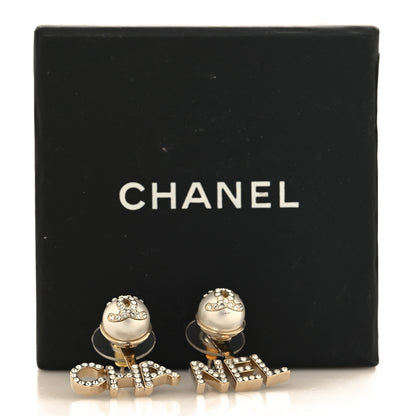 Chanel Crystal Pearl Cha-Nel Logo Earrings Gold 6 of 6