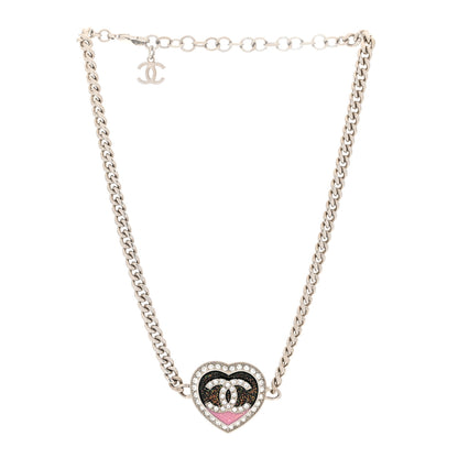 Chanel Resin Crystal Glitter CC Heart Necklace Silver 3 of 5
