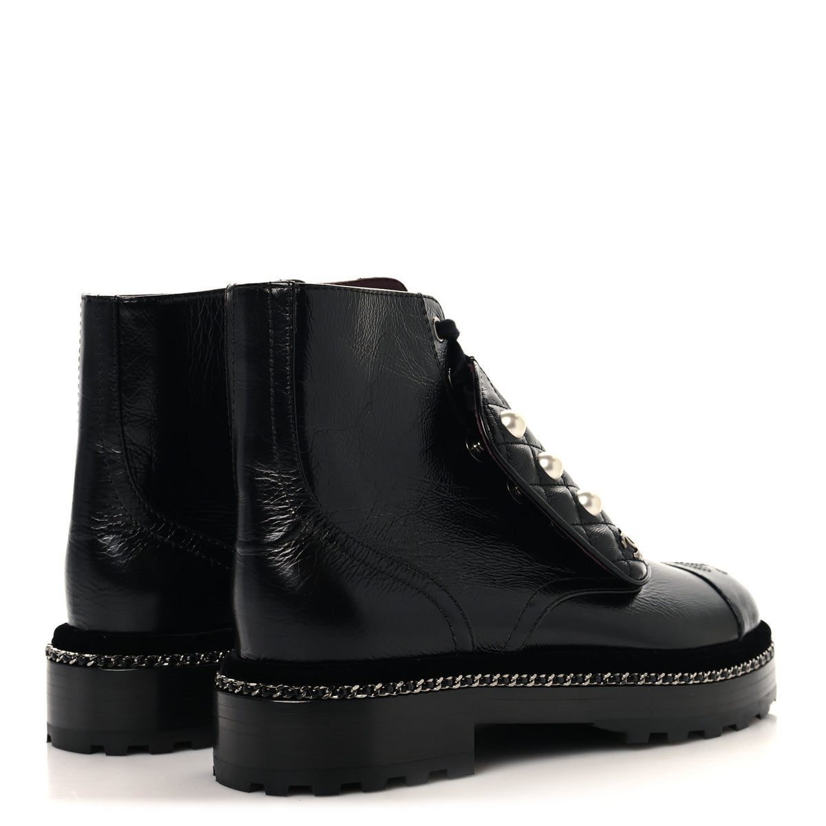 Crackled Calfskin Velvet Pearl Combat Short Boots 36 Black