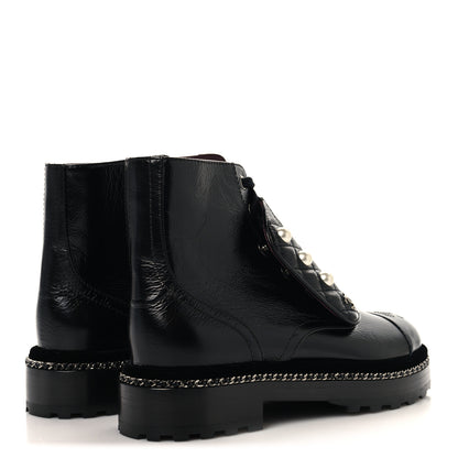 Chanel Crackled Calfskin Velvet Pearl Combat Short Boots 36 Black 5 of 9