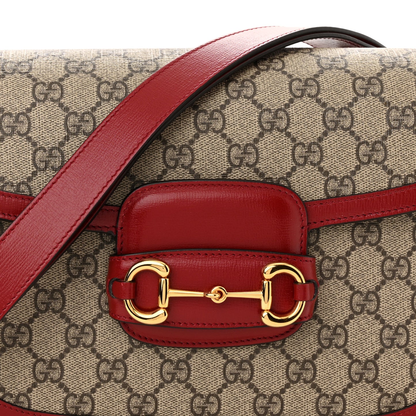 GG Supreme Monogram Azalea Calfskin Horsebit 1955 Shoulder Bag Beige Ebony New Cherry Red