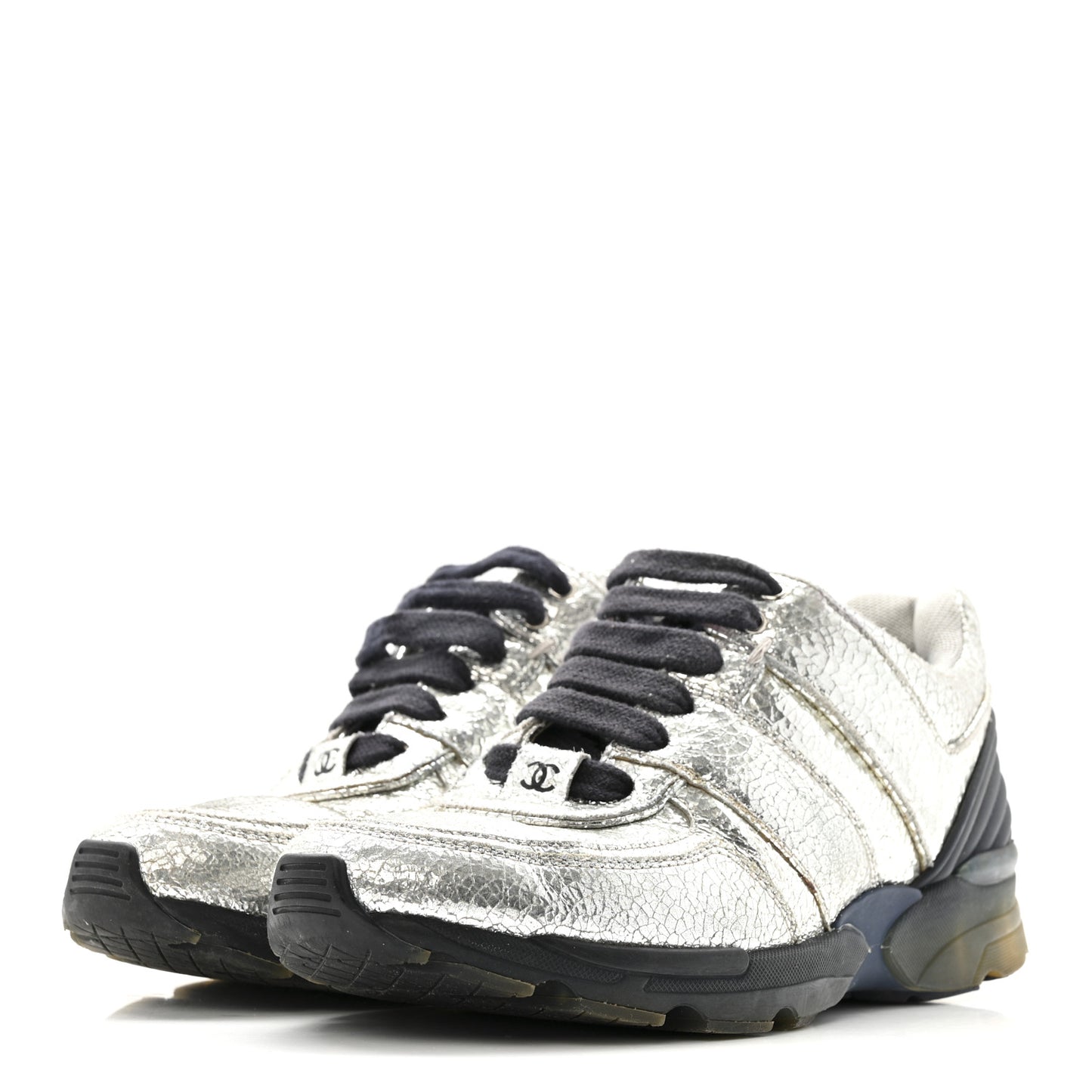 Metallic Crackled Calfskin CC Sneakers 36 Silver Black Navy