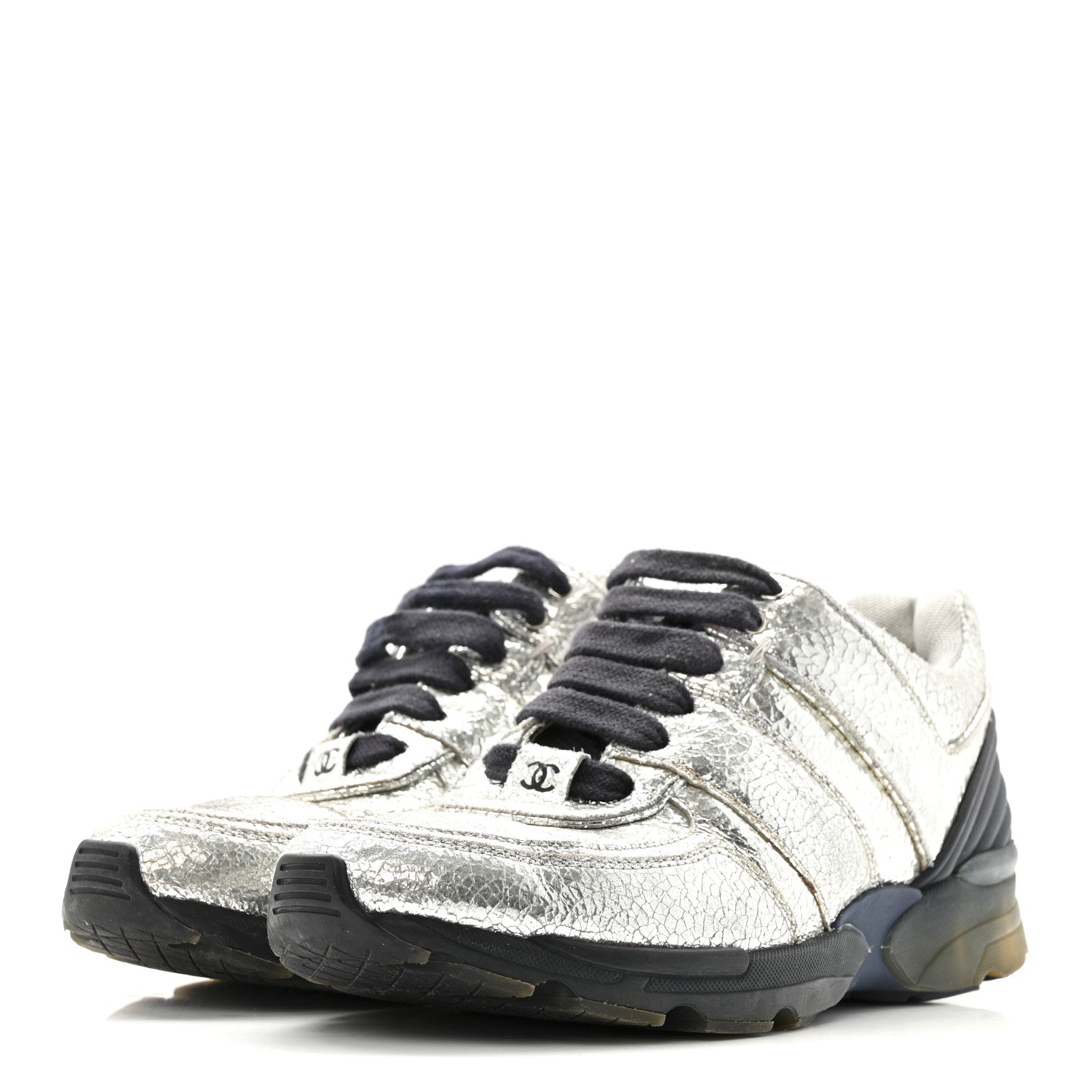 Chanel Metallic Crackled Calfskin CC Sneakers 36 Silver Black Navy 4 of 14