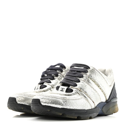 Chanel Metallic Crackled Calfskin CC Sneakers 36 Silver Black Navy 4 of 14