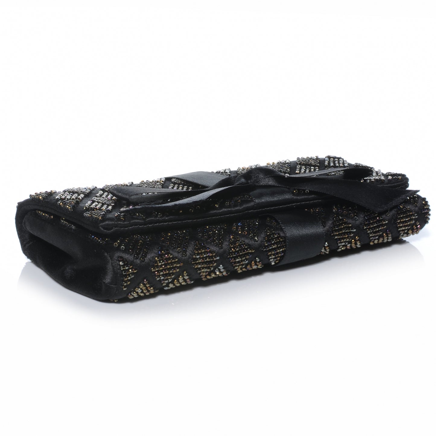 Satin Beaded Ribbon Bow Clutch Black