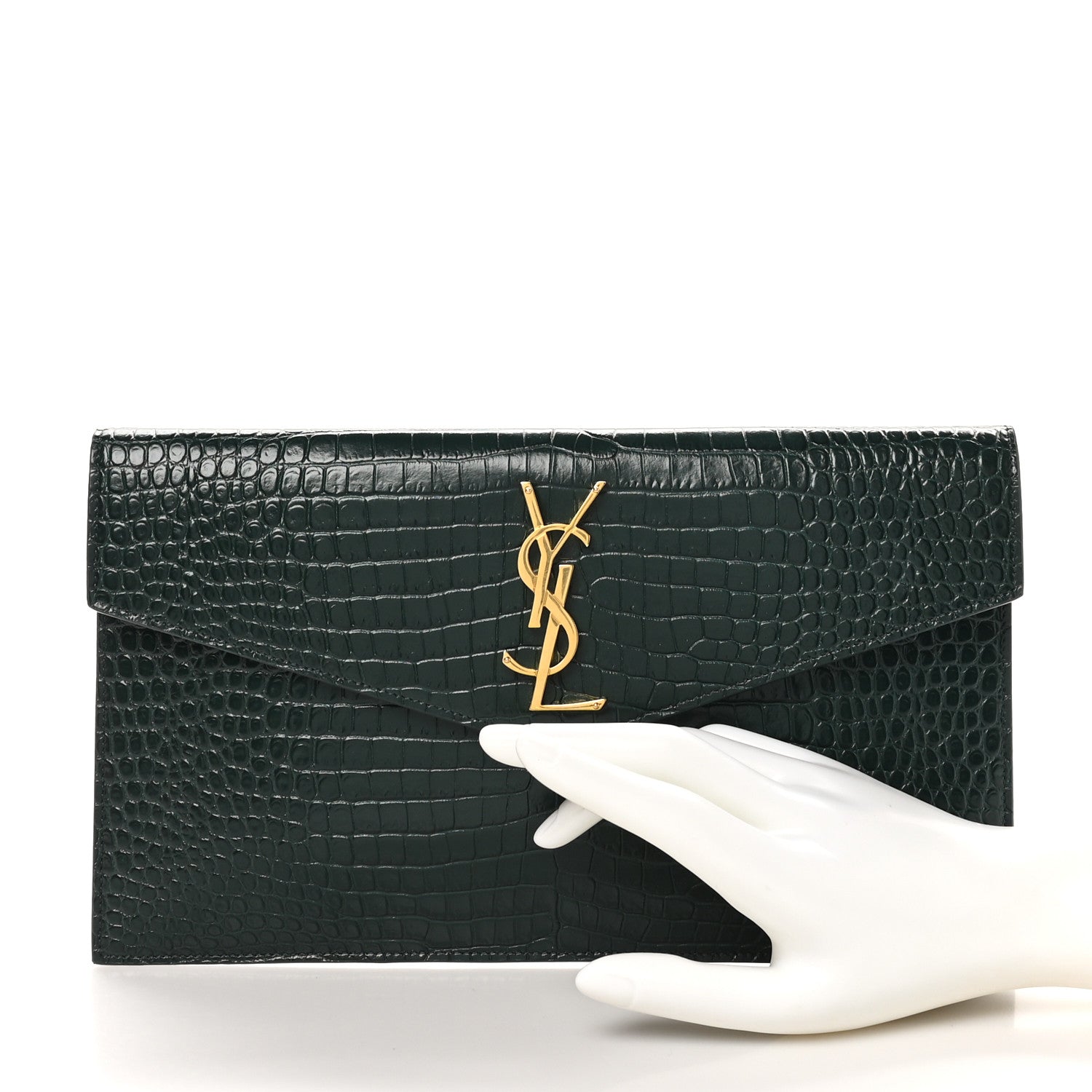 Saint Laurent Calfskin Crocodile Embossed Uptown Monogram Pouch Mint 2 of 6