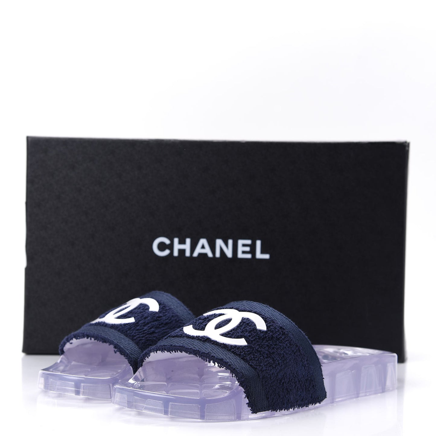 PVC Transparent Fabric CC Flat Slide Sandals 37 Navy