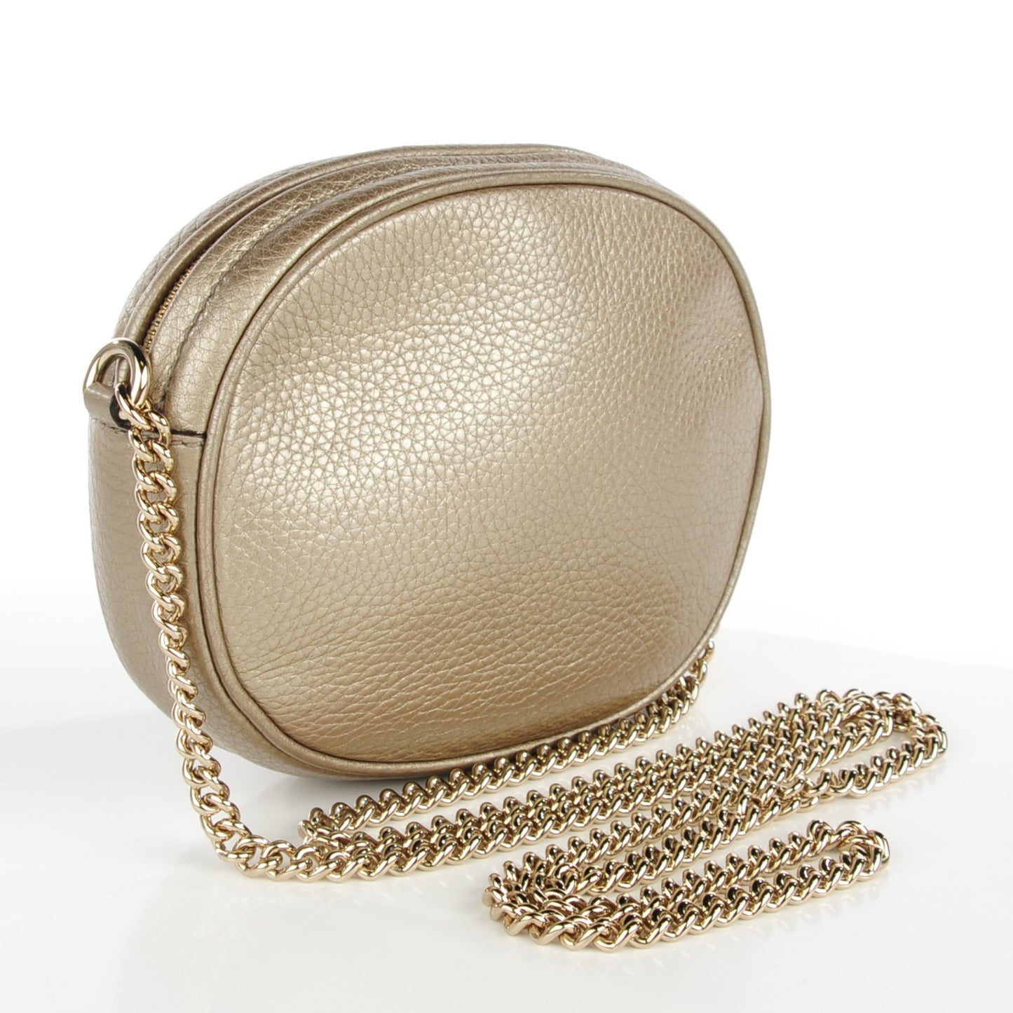 Metallic Pebbled Calfskin Mini Soho Chain Bag Golden Beige