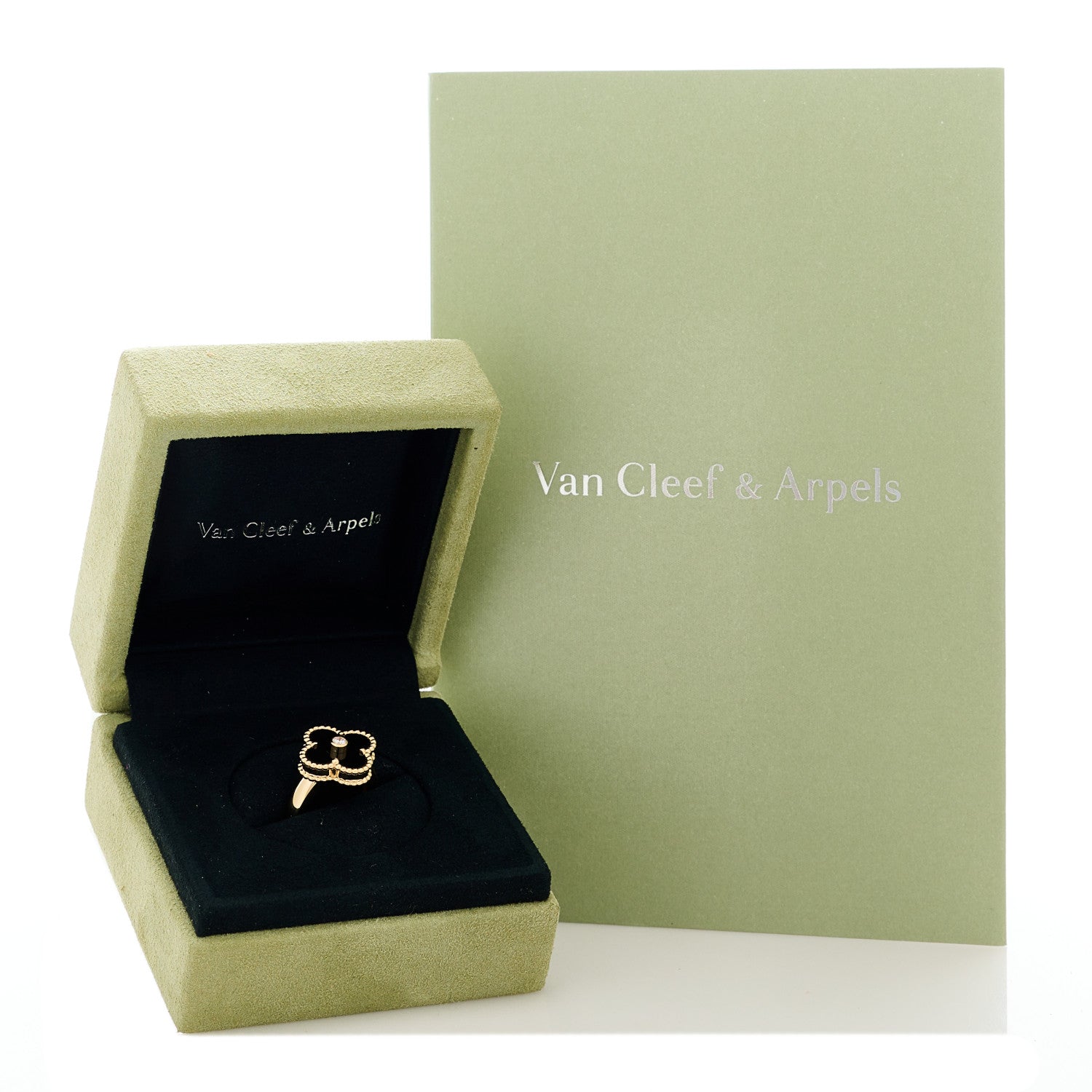 Van Cleef & Arpels 18K Yellow Gold Diamond Black Onyx Vintage Alhambra Ring 48 4.5 7 of 7