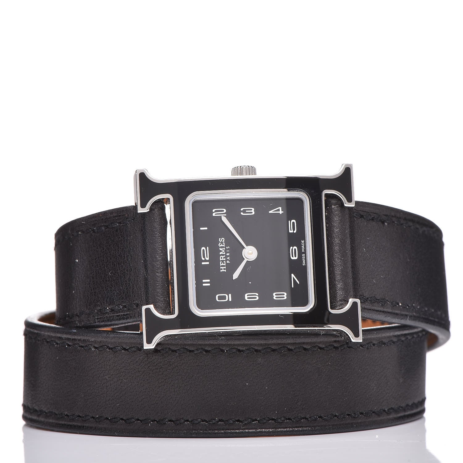 Hermes Stainless Steel Barenia Lacquer 21mm Heure H Hour Double Tour Quartz Watch Noir 3 of 8