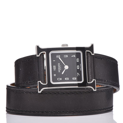 Hermes Stainless Steel Barenia Lacquer 21mm Heure H Hour Double Tour Quartz Watch Noir 3 of 8