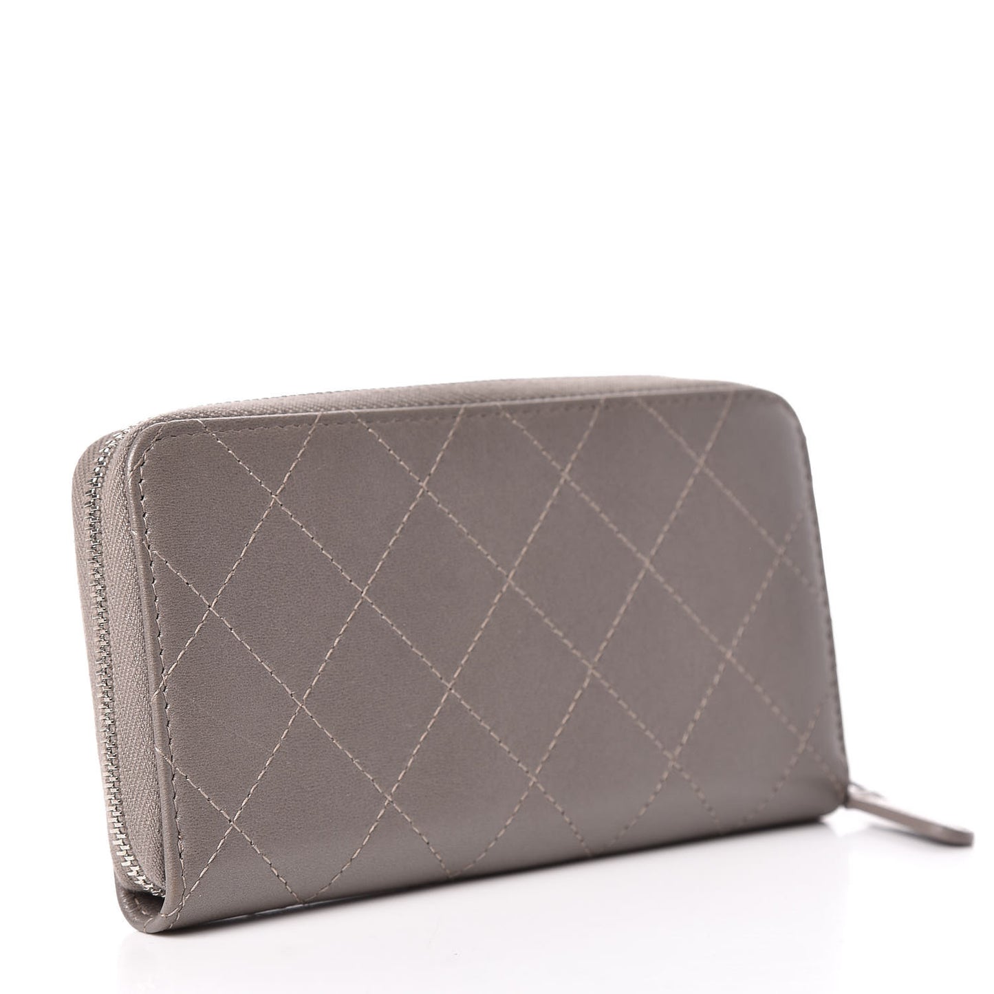 Calfskin Resin Stitched Small Zip Around Wallet Grey