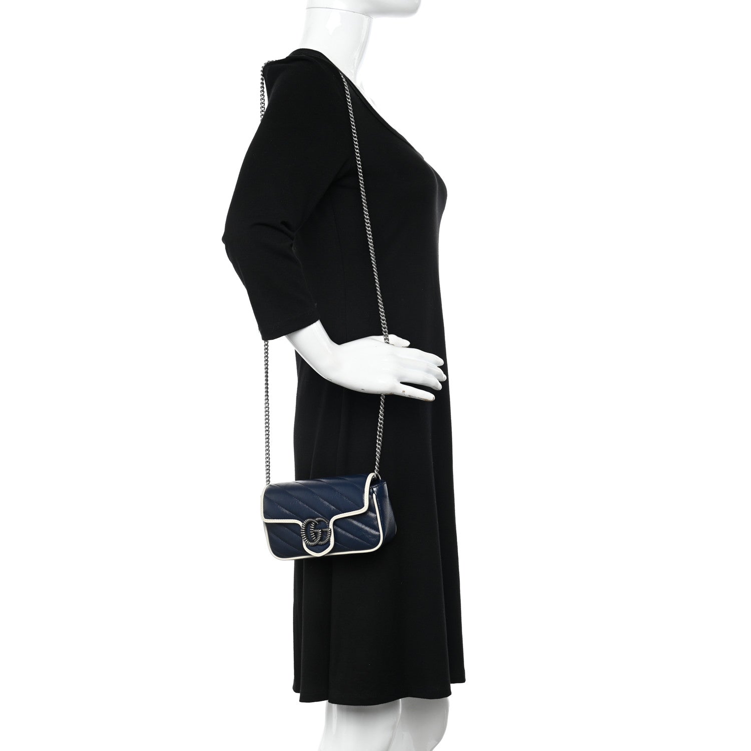 Gucci Vintage Effect Calfskin Matelasse Diagonal Super Mini Torchon GG Marmont Shoulder Bag Blue Agata Mystic White 2 of 10