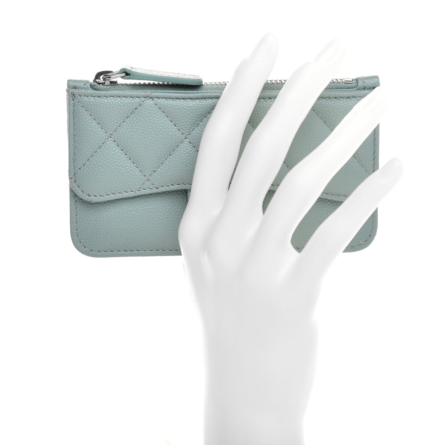 Caviar Quilted Flap Zip Card Holder Light Blue