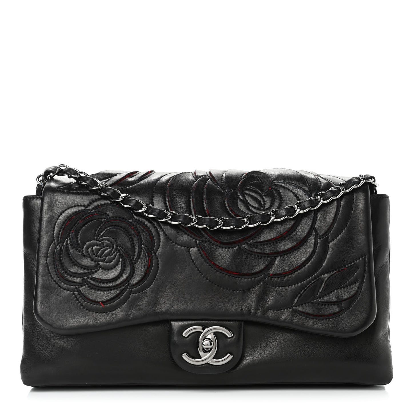 Lambskin Tweed Large Camellia Petals Flap Black