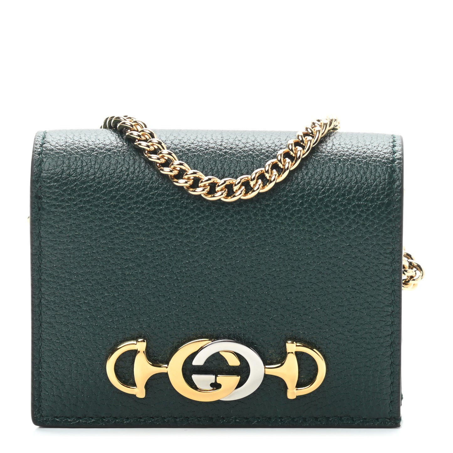 Grainy Calfskin Zumi Chain Card Case Wallet Vintage Green