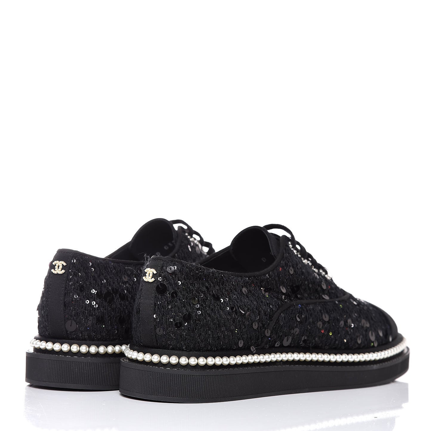 Tweed Grosgrain Sequin Pearl Lace Up Sneakers 42 Black