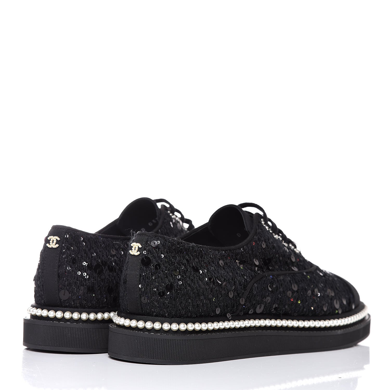 Chanel Tweed Grosgrain Sequin Pearl Lace Up Sneakers 42 Black 4 of 10